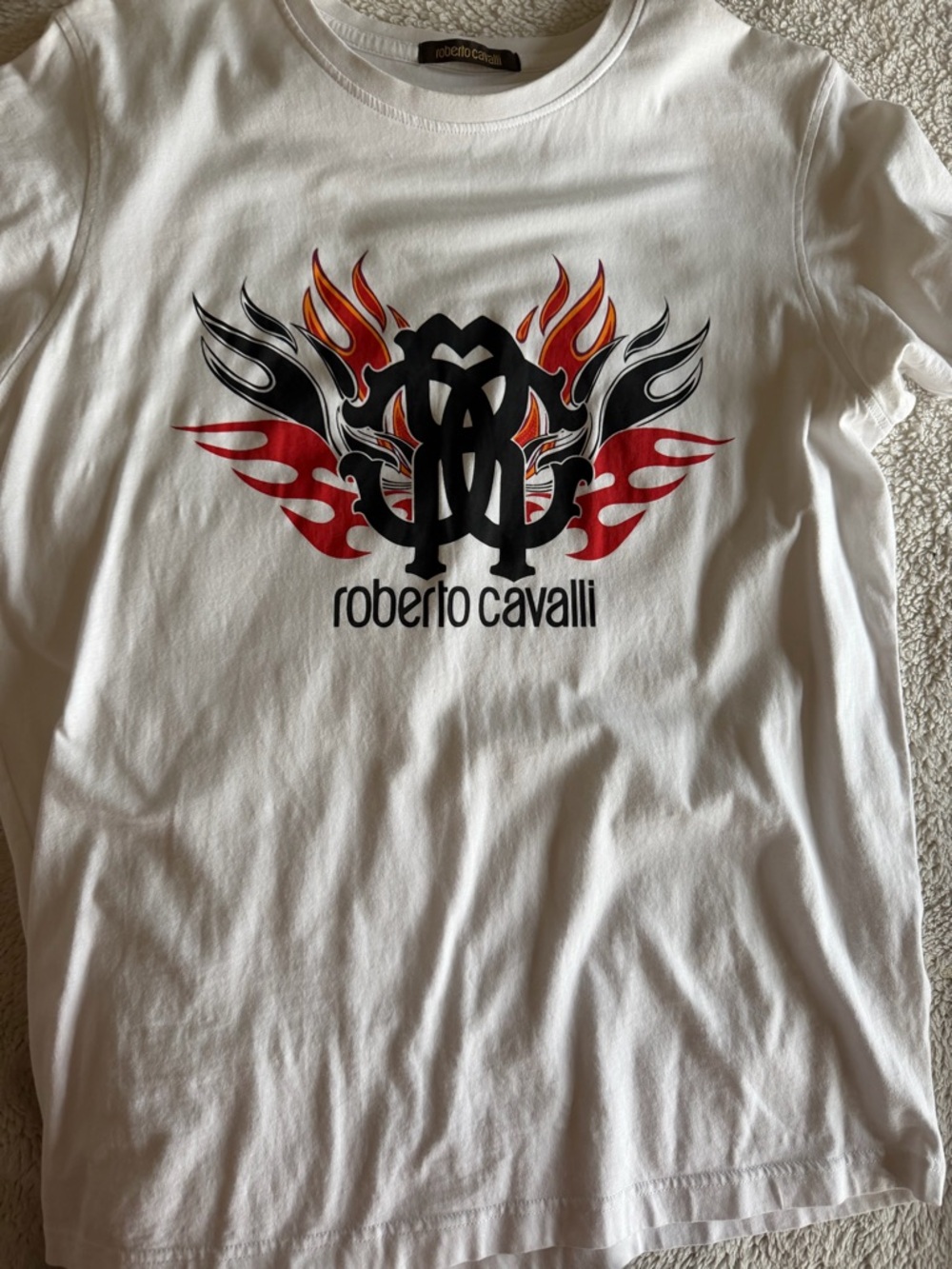Roberto Cavalli White Short-Sleeve Tee with Black Logo and Red Flame Graphic